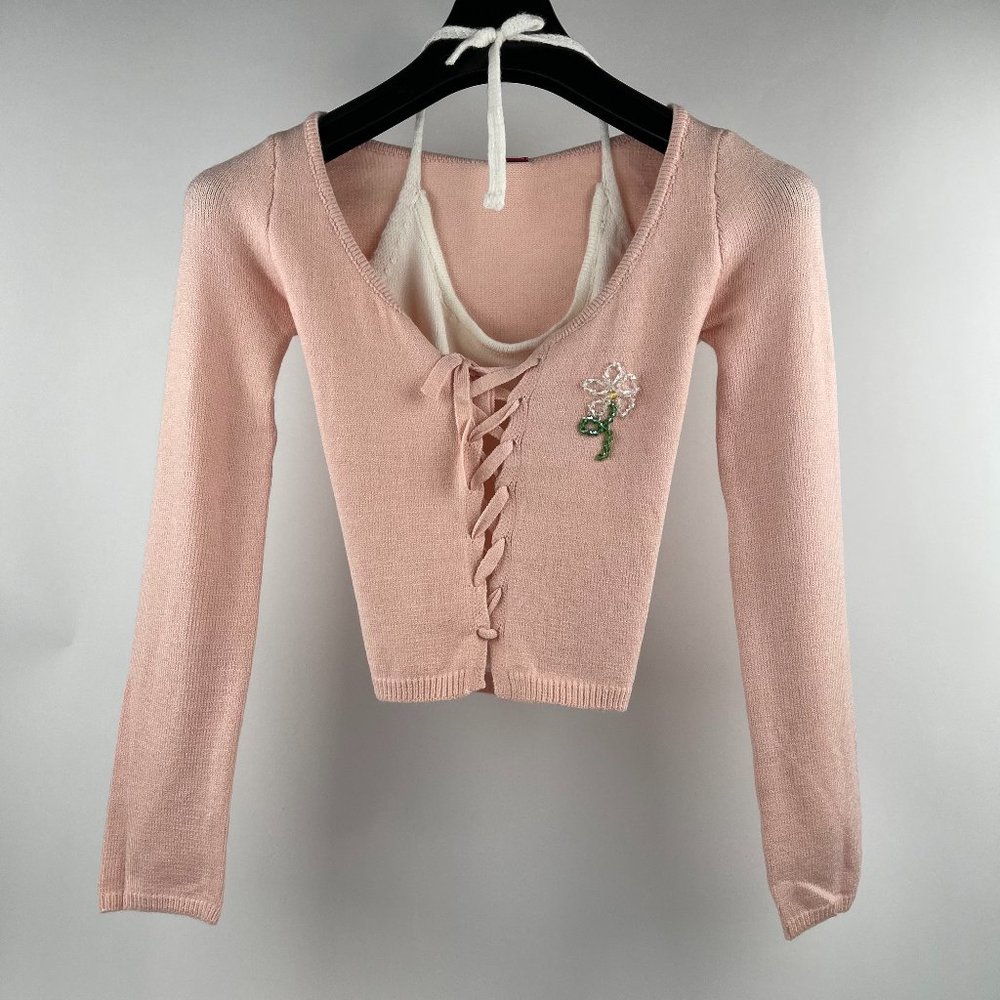 Blush Elegance Lace-Up Cardigan with Floral Embroidery